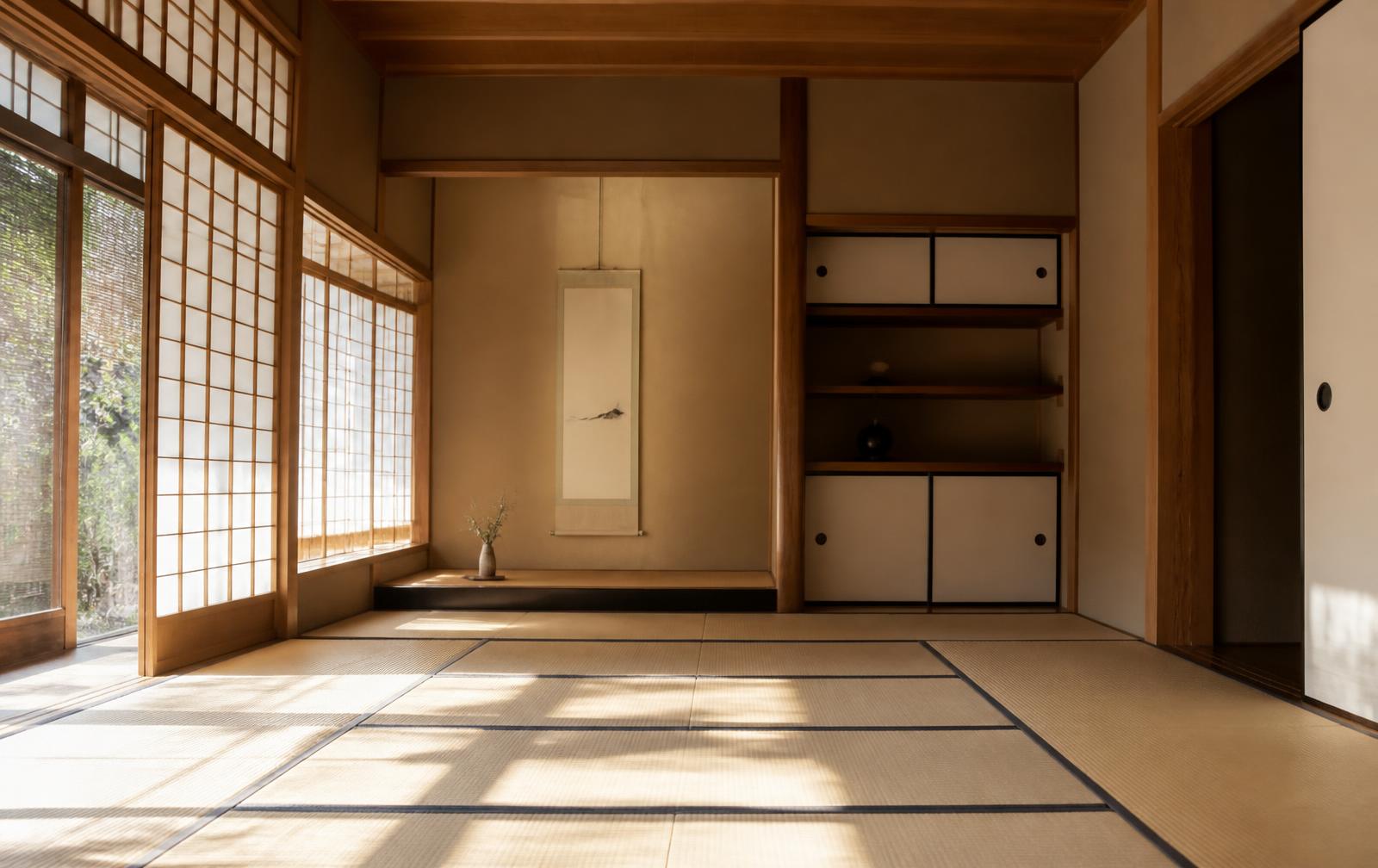 Empty minimal Japanese room with wooden beams and natural light